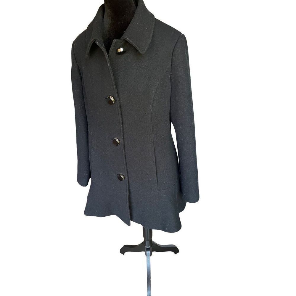 Kate Spade Black Wool Blend Peplum Pea Coat Jacket Women’s L Black & White Strip